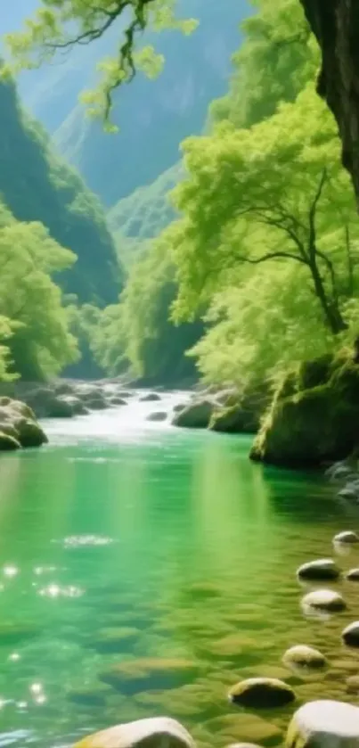 Serene river valley with lush greenery and sparkling water.