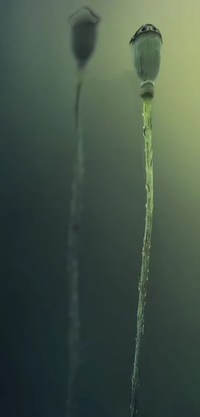 Two delicate green stems on a calm background.