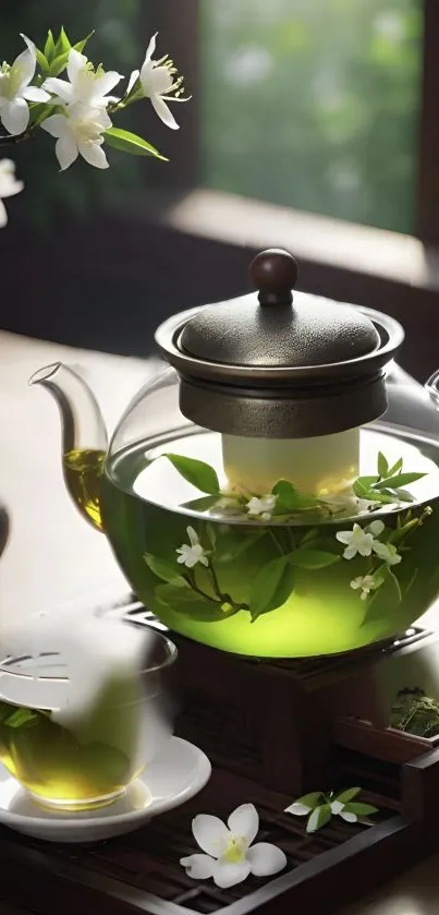 Glass tea pot with green tea and jasmine flowers on a sunny table.