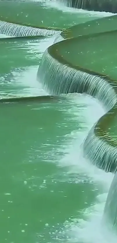 Serene green waterfall steps cascading peacefully in nature.