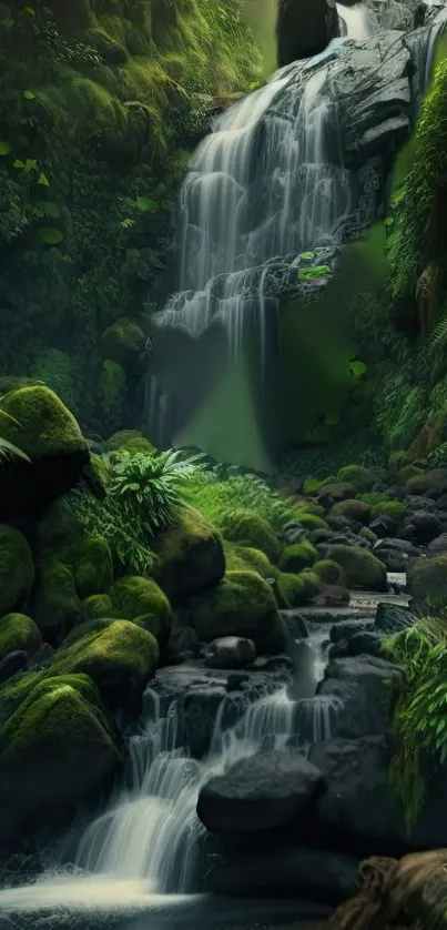 Lush green waterfall in a forest setting.