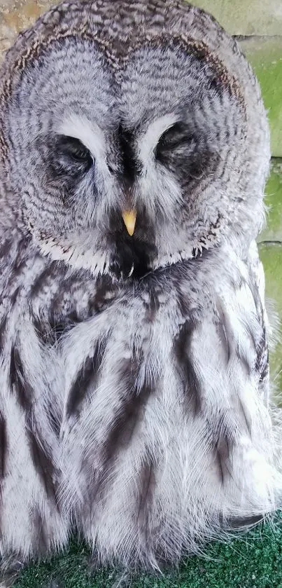 Close-up of a grey owl with intricate feathers in a calm, natural setting.