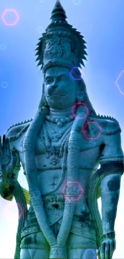 Serene Hanuman statue with blue hues and hexagon lights on phone wallpaper.