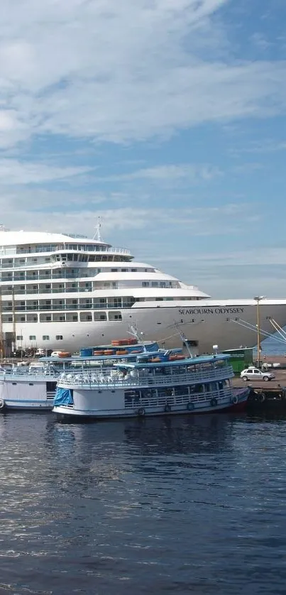 Cruise ships docked at a tranquil harbor with calm blue waters.