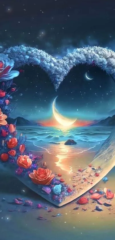 Serene beach heart portal with moon and flowers.