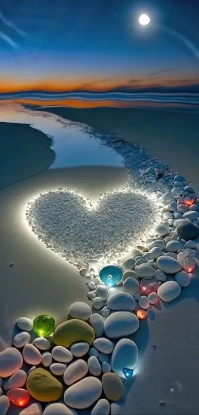 Heart-shaped rock formation on moonlit beach at sunset.