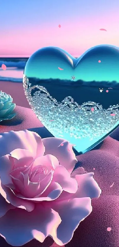 Heart-shaped crystal with roses on a pink beach, reflecting a sunset.