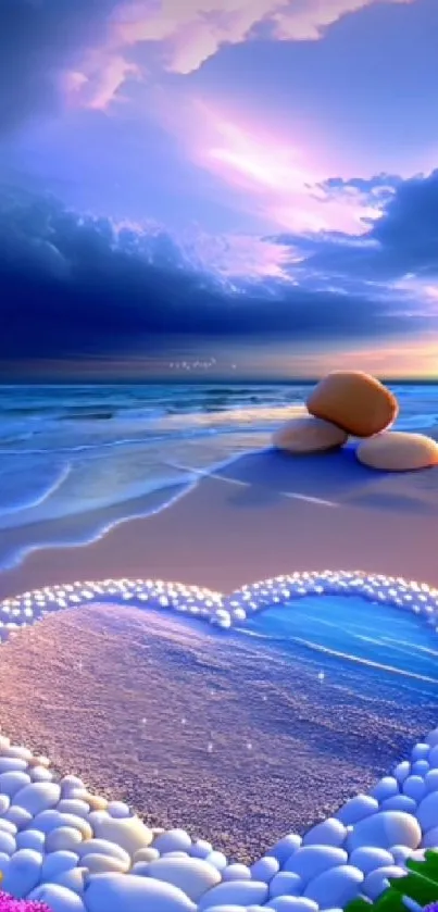 Beach with heart-shaped stones at sunset.