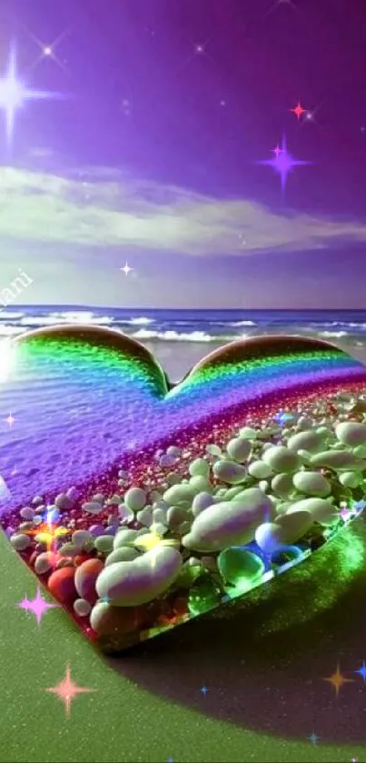 Heart-shaped crystal on a vibrant beach with purple sky.