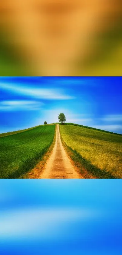 Scenic wallpaper of a path through green hills and a blue sky.