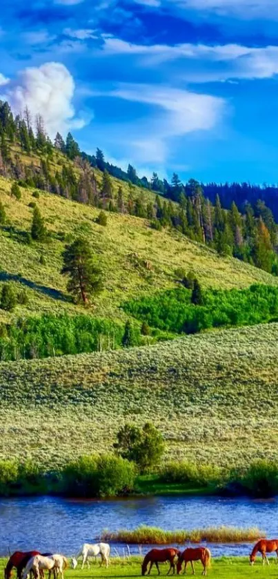 Lush hillside with horses grazing by a shimmering river under a vibrant blue sky.