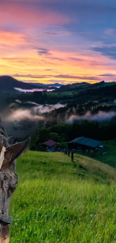 Horse on lush hillside at sunset with vibrant skies.