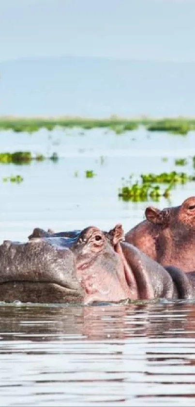 Hippos relaxing in a tranquil lake with clear blue water and distant greenery.