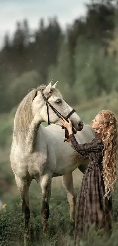 Woman with long hair gently holds a white horse in a green natural setting.