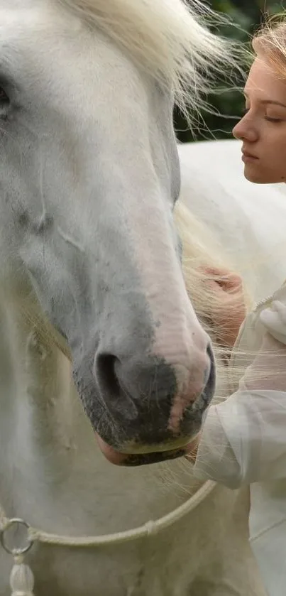 Calm interaction between a woman and a white horse in nature.