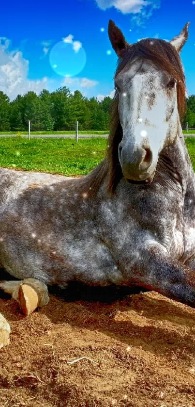 Majestic horse resting in a green pasture under a blue sky.