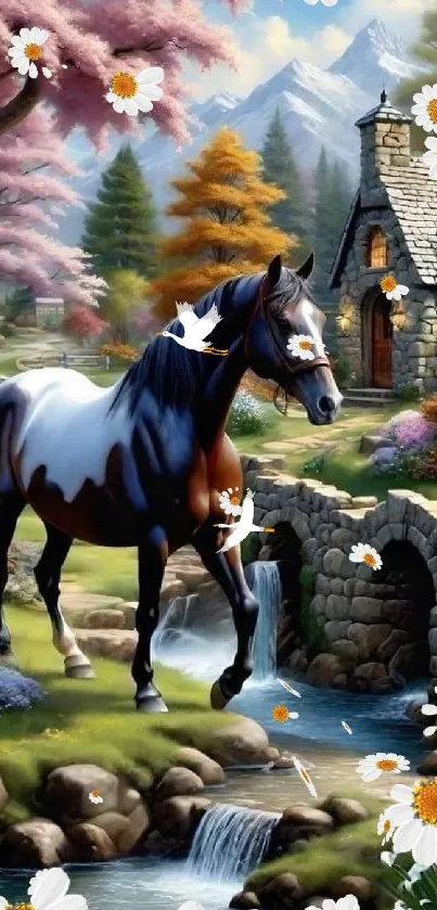 A beautiful horse near a scenic mountain bridge surrounded by vibrant flowers.