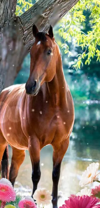 Majestic horse by the river with vibrant flowers in a serene natural setting.