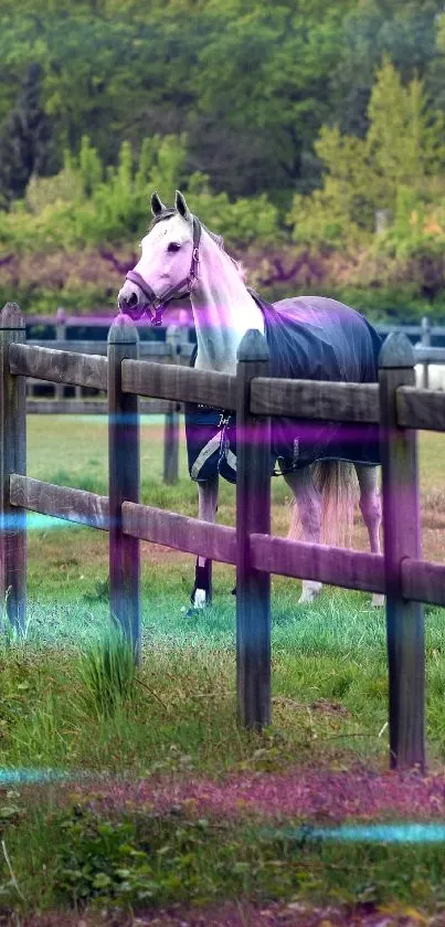 A white horse in a field with a pastel filter and wooden fence background.