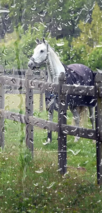 Calm horse in a rainy green field through glass.