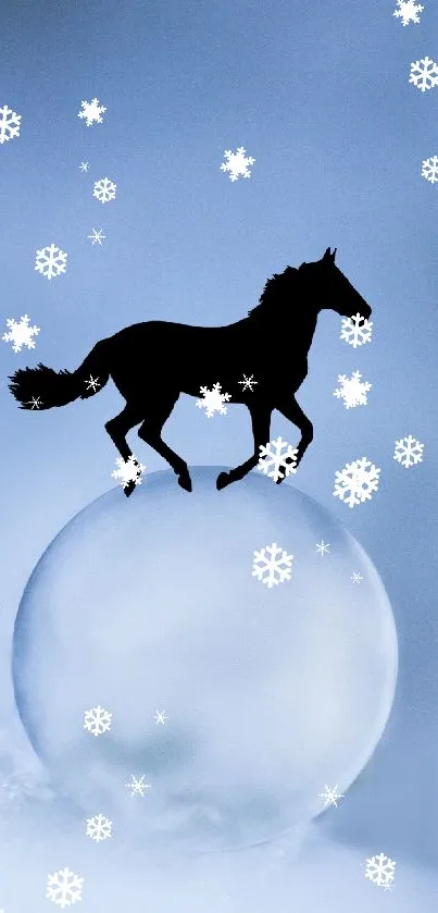 Horse silhouette on a glass sphere with a serene blue background.