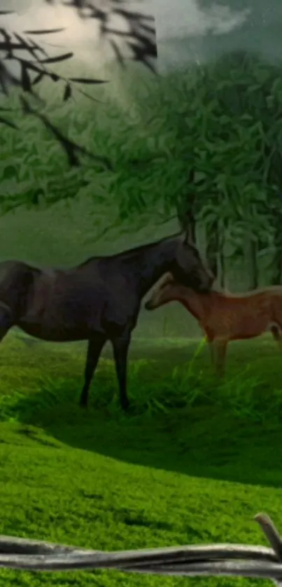 Two horses standing in a lush, green field with trees.