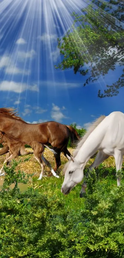 Horses grazing under sunlit sky in a lush green field.