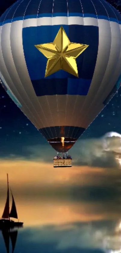 Hot air balloon over water at night with stars and a boat.