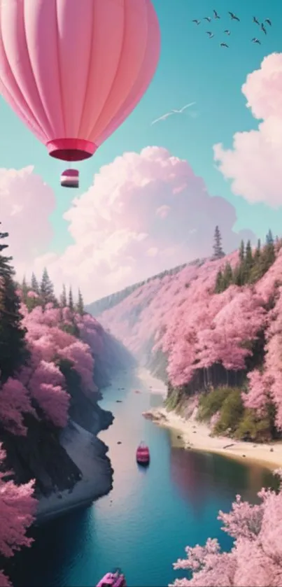 A hot air balloon floats over a river, surrounded by pink cherry blossoms.