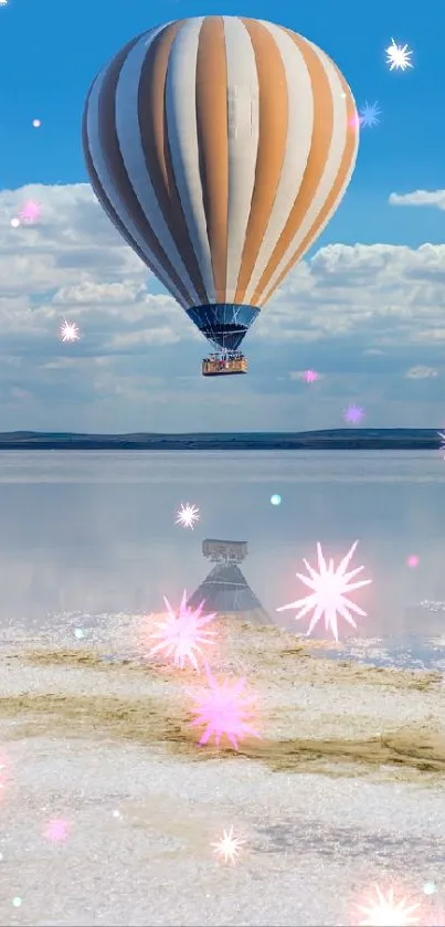 Hot air balloon over a reflective lake under a blue sky.