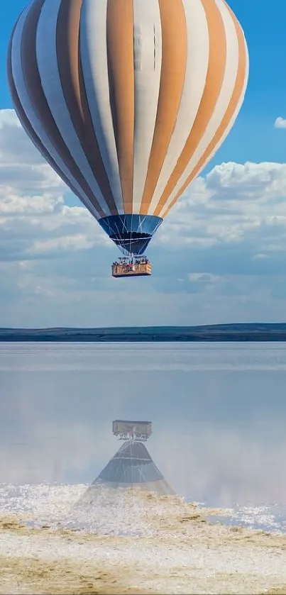 Hot air balloon floating over serene salt flats under a sky blue sky.