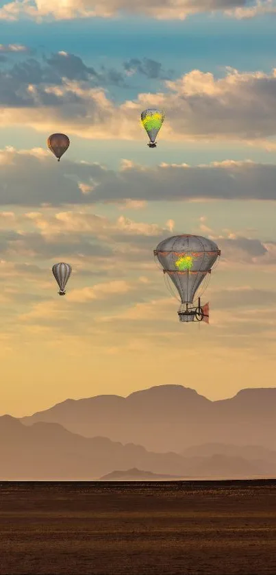 Hot air balloons over a serene desert landscape at sunset.