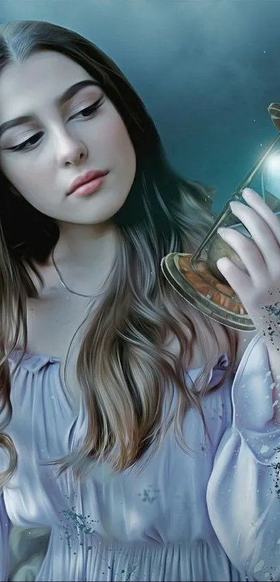 Digital artwork of a girl holding an hourglass with serene expression.