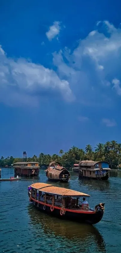 Houseboats on a serene lake under vibrant blue skies.