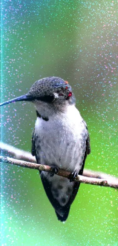 Hummingbird perched on a branch with lush green background.