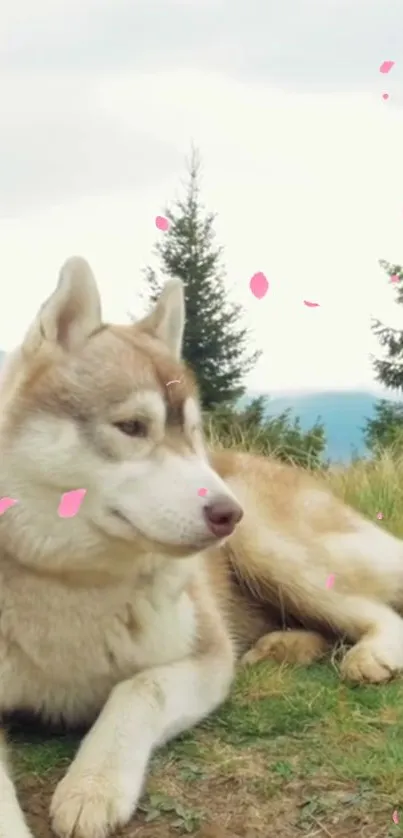 Husky dog relaxing in nature with pink petals around.