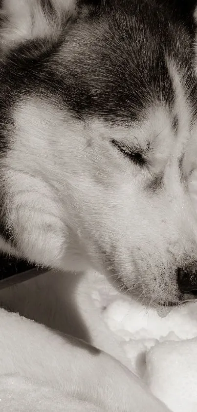 Husky lying in snowy landscape with serene expression.