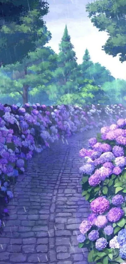 Wallpaper of a serene path lined with purple hydrangeas and lush greenery.