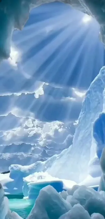 Sunlight beams through blue ice cave creating a breathtaking, tranquil view.