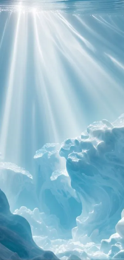 Sunlit ice cave with serene blue tones enhances phone screen.