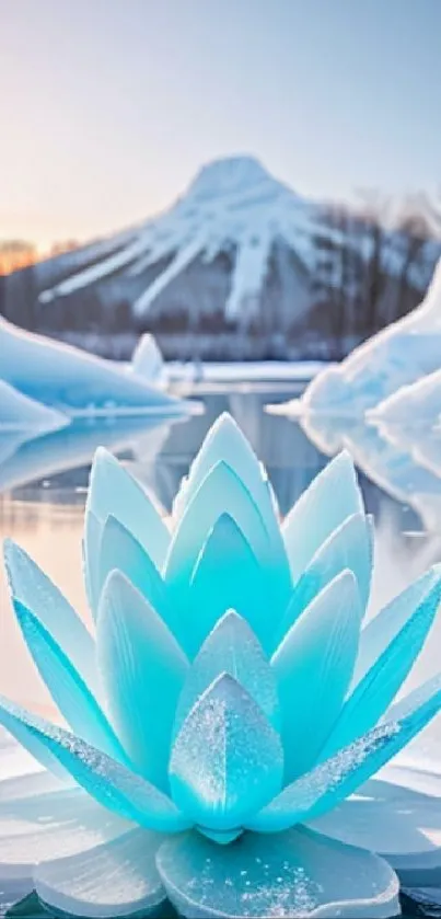 Serene scene with ice lotus on frozen lake and snowy mountain backdrop.