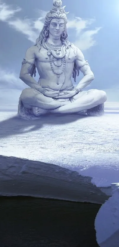 Ice landscape with meditative figure under blue skies on a mobile wallpaper.