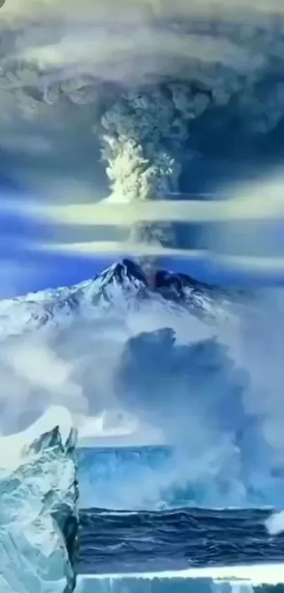 Majestic icy mountain with volcanic eruption and blue sky background.