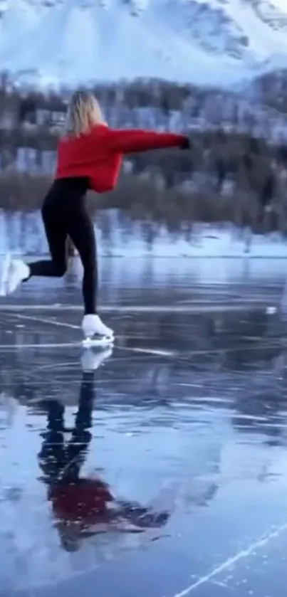 Figure skater on a frozen lake with snowy mountains in the distance.