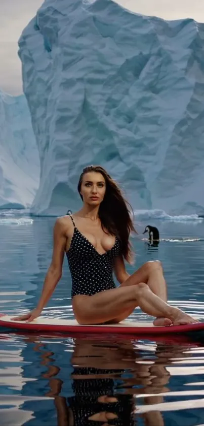 Woman on surfboard with iceberg backdrop.