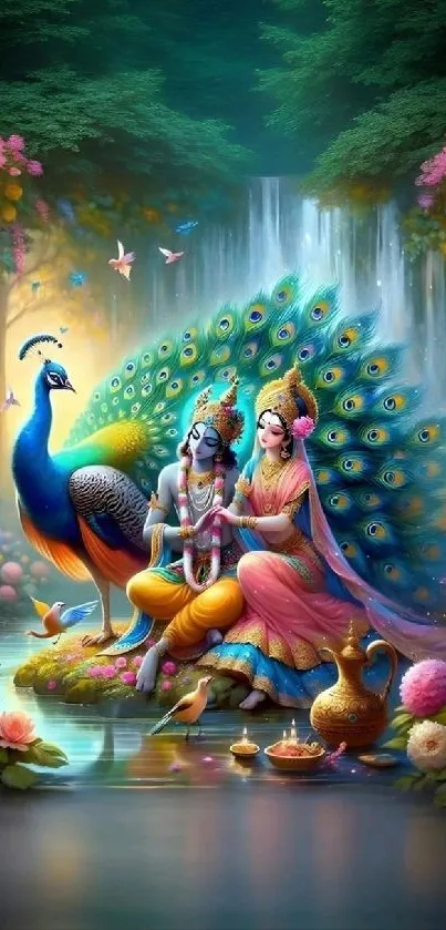 Mystical scene with deities and a vibrant peacock in a colorful natural setting.