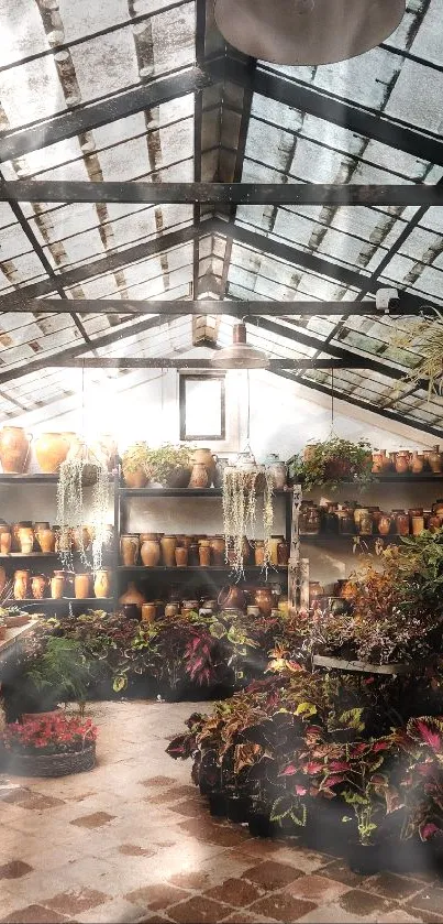 Indoor greenhouse with pottery and plants under a rustic ceiling.