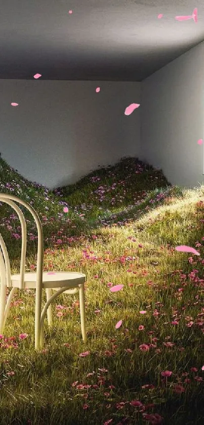 A serene room with a chair amidst grassy hills and pink flowers under sunlight.