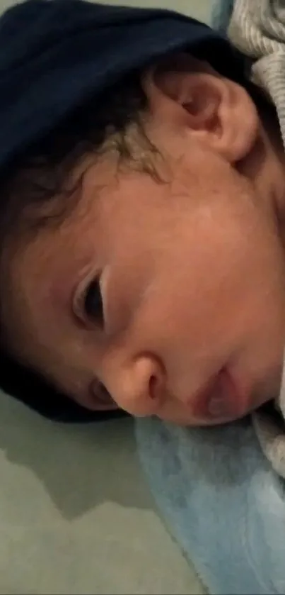 Serene newborn baby wrapped in a cozy blanket, wearing a dark blue hat.