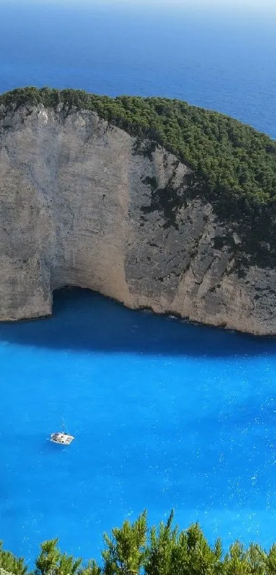 A serene island surrounded by vibrant blue sea with a small white boat.